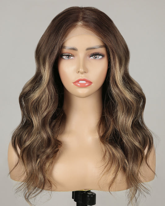 Talia | 20" Brown with Blonde Highlight Body Wave Glueless Swiss Lace Closure Wig - WW034