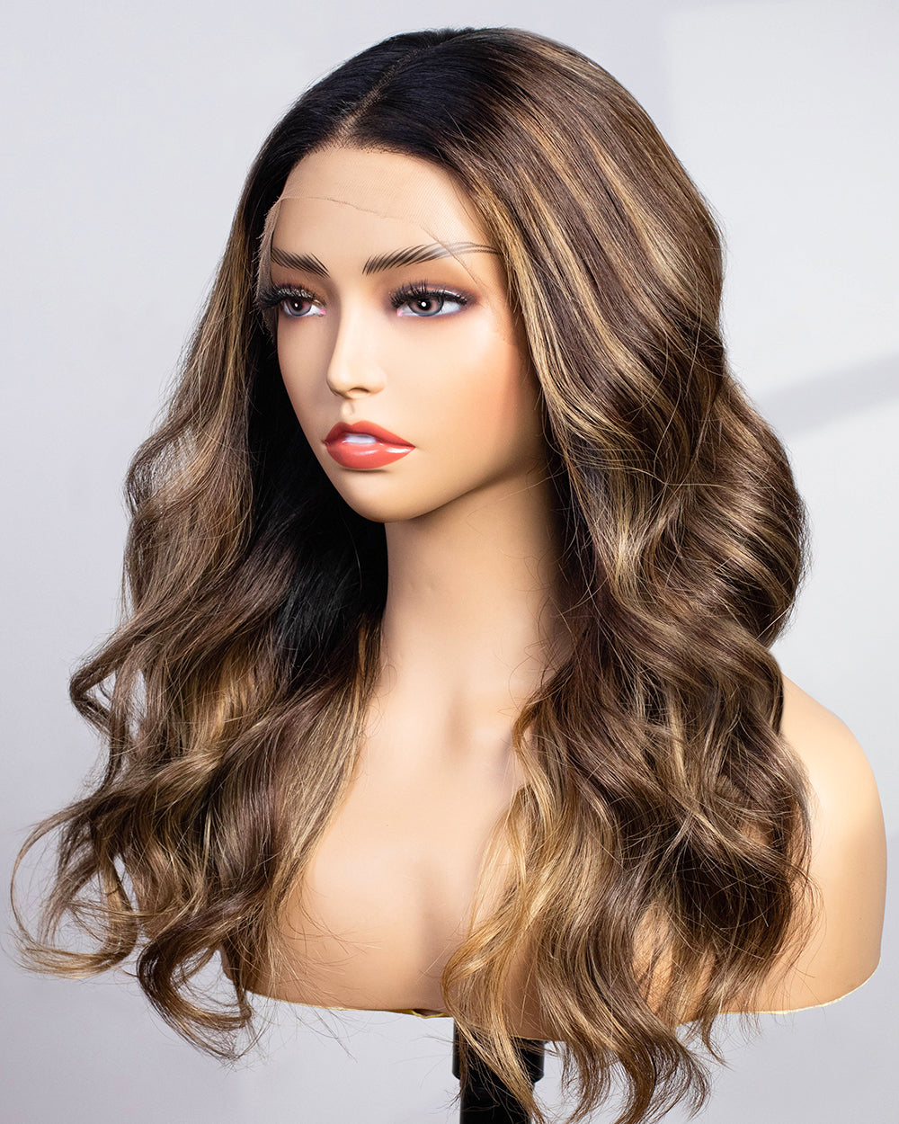 Thalia | 20" Brunette Brown with Blonde Highlights Wavy Human Hair Swiss Lace Front Wig - WW007