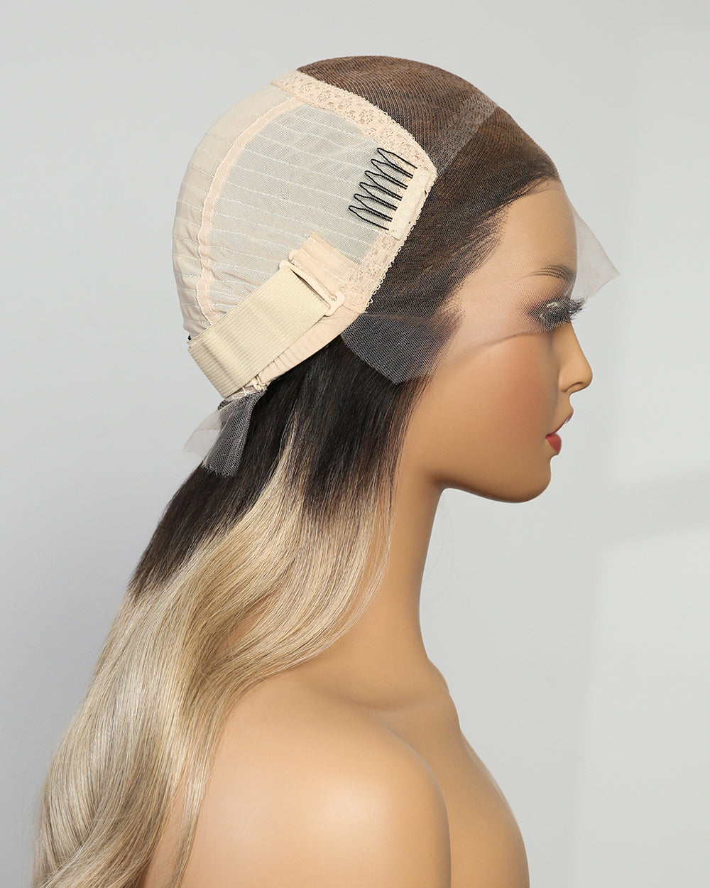 Giselle | 20" Dark Rooted Light Blonde Balayage Wavy Human Hair Swiss Lace Front Wig - WW012