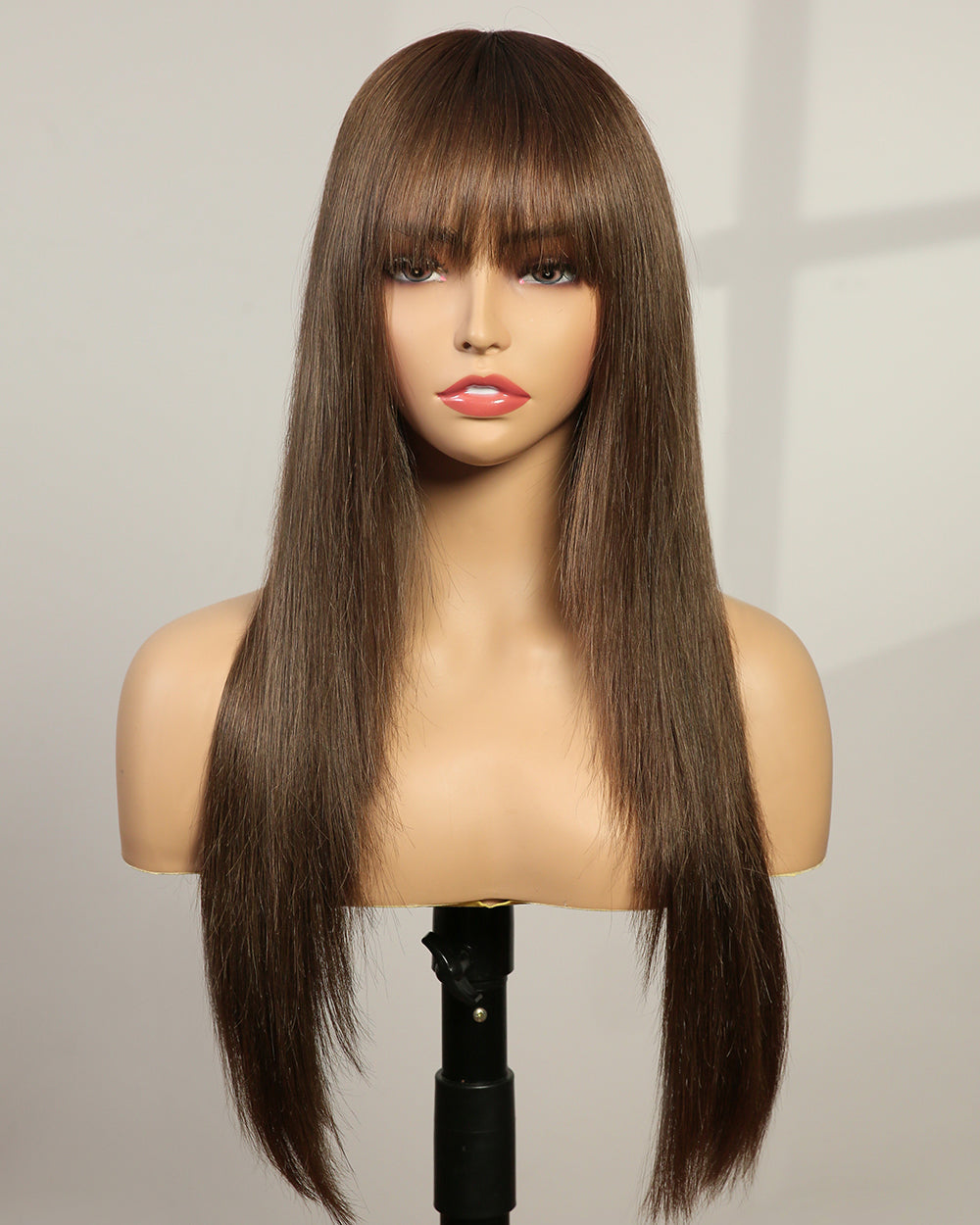 Harper | 24" Mushroom Brown Long Straight Layer Cuts Wispy Bangs Swiss Lace Front Wig - WS003