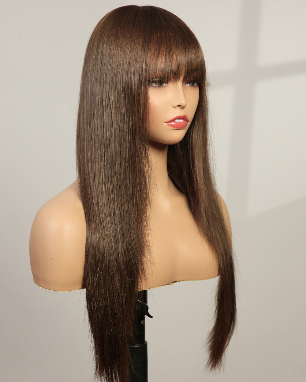 Harper | 24" Mushroom Brown Long Straight Layer Cuts Wispy Bangs Swiss Lace Front Wig - WS003