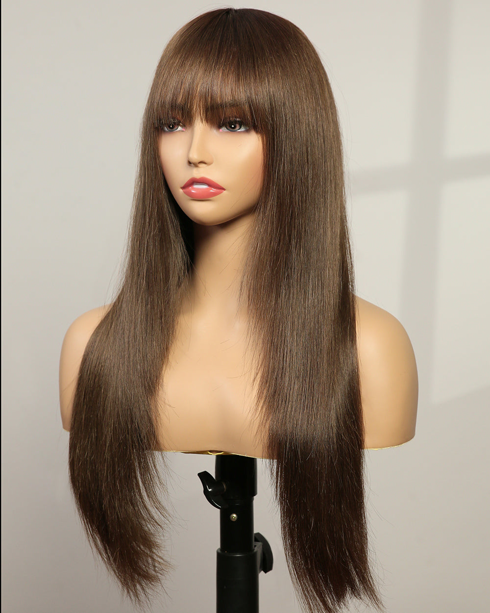 Harper | 24" Mushroom Brown Long Straight Layer Cuts Wispy Bangs Swiss Lace Front Wig - WS003