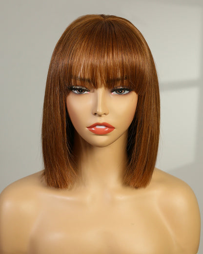 Natalie | 10" Auburn Brown Straight with Bang Human Hair Swiss Lace Front Wig - WS008