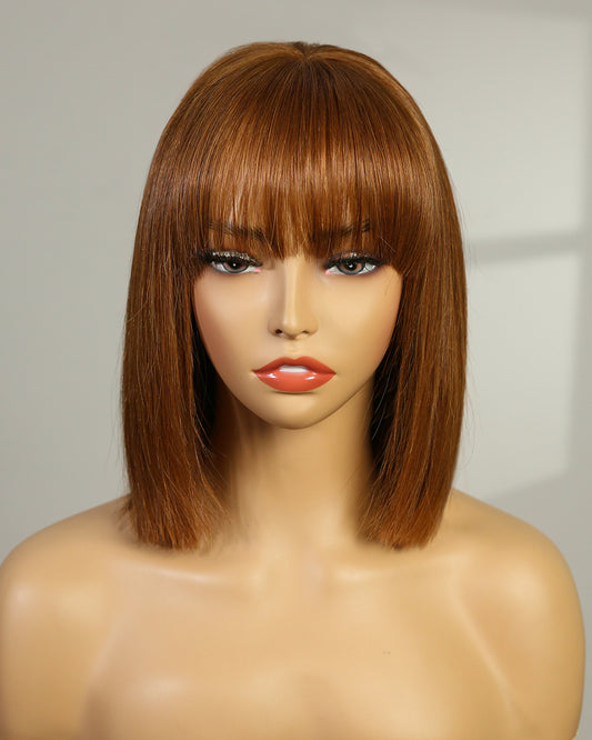 Natalie | 10" Auburn Brown Straight with Bang Human Hair Swiss Lace Front Wig - WS008