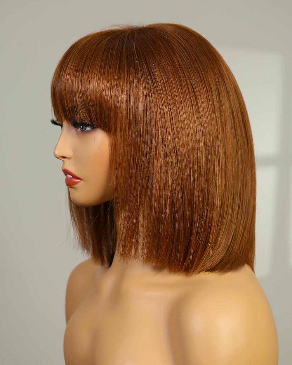 Natalie | 10" Auburn Brown Straight with Bang Human Hair Swiss Lace Front Wig - WS008