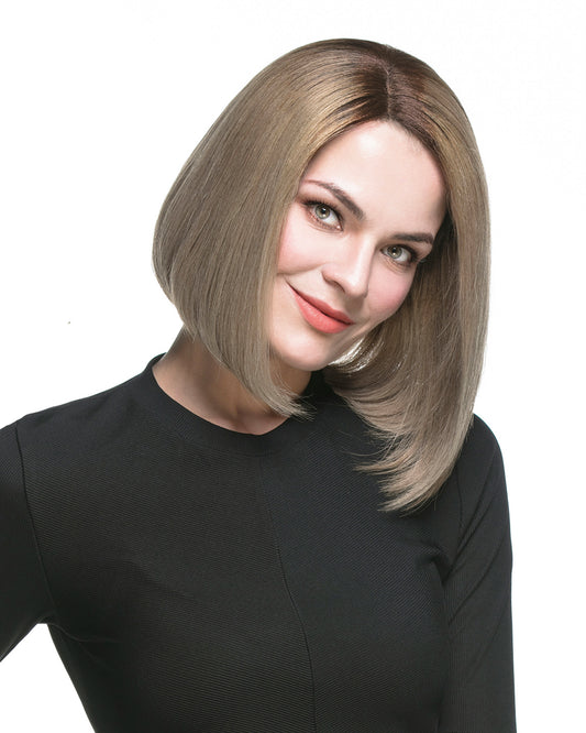 Isabel | 10" Lightest Brown Dark Blonde with Dark Root straight bob Human Hair Swiss Lace Closure Wig - WS010