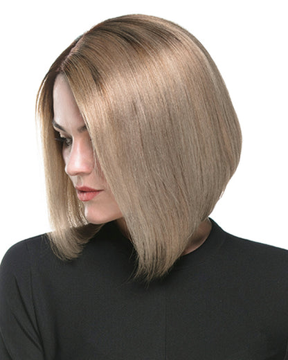 Isabel | 10" Lightest Brown Dark Blonde with Dark Root straight bob Human Hair Swiss Lace Closure Wig - WS010