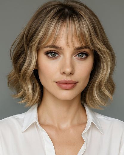 Lenae | 12" Honey Tea Brown with Blonde Highlight Wavy Bob Glueless Swiss Lace Closure Wig - WW051