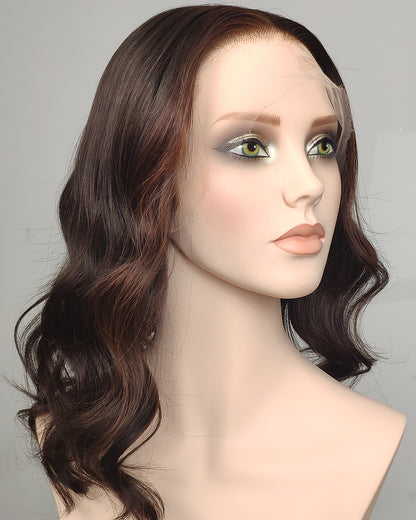 Liquidation | Perruque Lace Front Suisse 14 Pouces Cheveux Humains Ondulés Marron Foncé - RTW-677