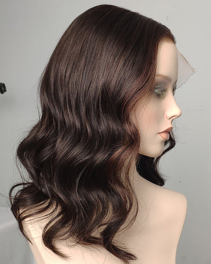 Liquidation | Perruque Lace Front Suisse 14 Pouces Cheveux Humains Ondulés Marron Foncé - RTW-677