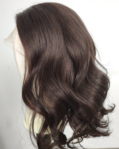 Liquidation | Perruque Lace Front Suisse 14 Pouces Cheveux Humains Ondulés Marron Foncé - RTW-677