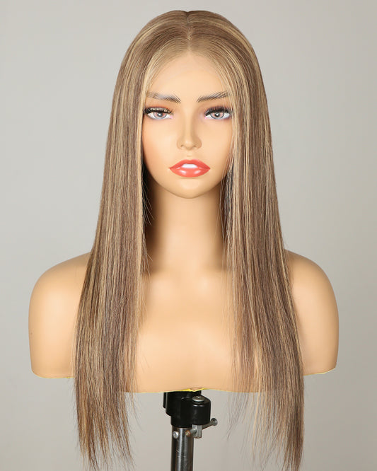 Aurora | 16" Blonde Highlights Straight Human Hair Swiss Lace Closure Wig - WLS004