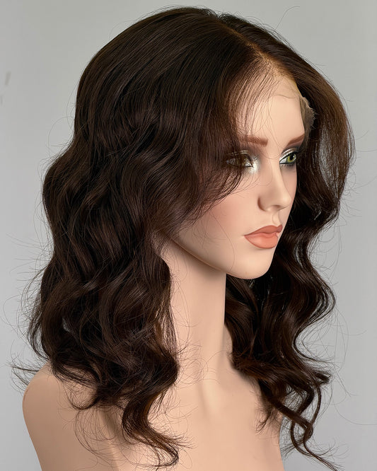 Simone | 16" Layered Chocolate Brown Wavy with Curtain Bang Glueless Swiss Lace Closure Wig - WW067