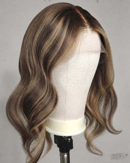Lillian | 16" Mushroom Brown with Beige Highlights Body Wave Human Hair Lace Closure Wig - WW080