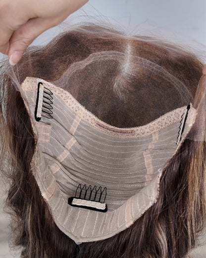 Ausverkauf | 22 Zoll Aschblond Lang Gewellt Echthaar Swiss Lace Closure Perücke - RT-2189