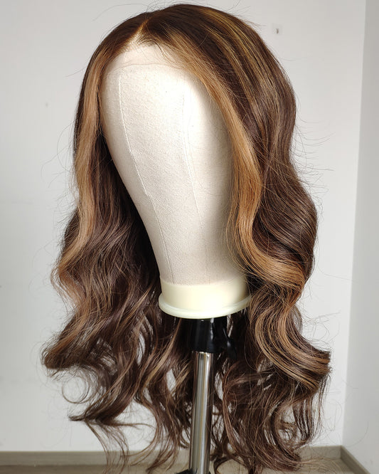 Clearance | 24 Inches Brown with Blonde Highlight Wavy Human Hair Swiss Lace Front Wig - RTW-696
