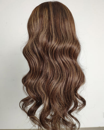 Ausverkauf | 22 Zoll Aschblond Lang Gewellt Echthaar Swiss Lace Closure Perücke - RT-2189