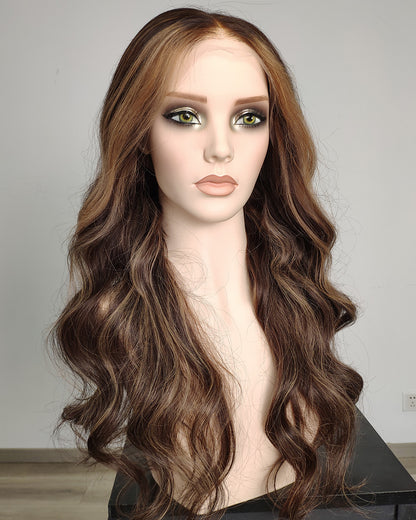 Ausverkauf | 22 Zoll Aschblond Lang Gewellt Echthaar Swiss Lace Closure Perücke - RT-2189