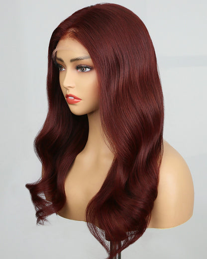 Liquidations | Perruque Lace Closure en cheveux naturels ondulés rouge bordeaux, 20 pouces, prête à porter - RTW-600