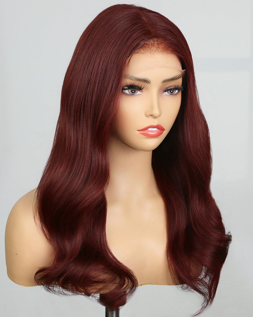 Liquidations | Perruque Lace Closure en cheveux naturels ondulés rouge bordeaux, 20 pouces, prête à porter - RTW-600