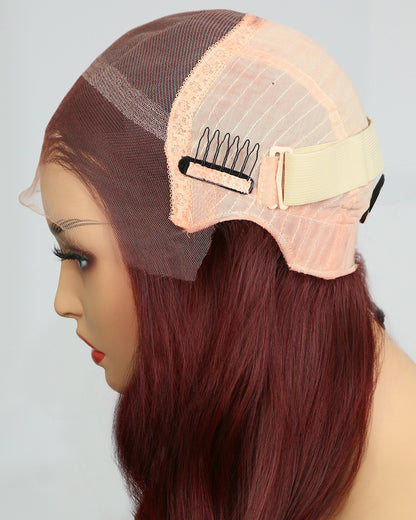 Liquidations | Perruque Lace Closure en cheveux naturels ondulés rouge bordeaux, 20 pouces, prête à porter - RTW-600
