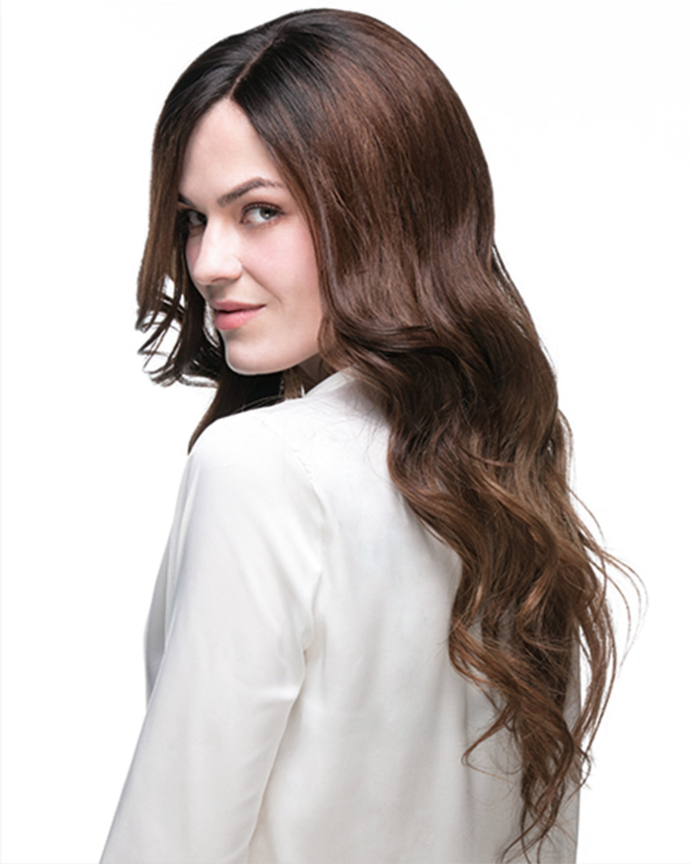Angelina | 20" Light Medium Brown with Dark Root Wavy Human Hair Swiss Lace Closure Wig - WW023