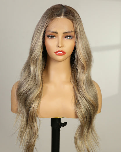 Amber | 20" Platinum Blonde Highlights Human Hair Swiss Lace Closure Wig - WW019