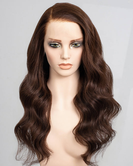 Clearance | 22 Inches Brown Wavy Human Hair Swiss Lace Front Wig - RTWY-1967
