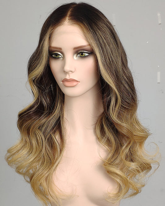 Clearance | 22 Inches Dark Brown to Golden Beige Blonde Human Hair Swiss Lace Closure Wig - RTWY-2329