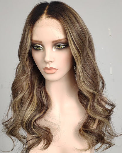 Ausverkauf | 22 Zoll Aschblond Lang Gewellt Echthaar Swiss Lace Closure Perücke - RT-2189