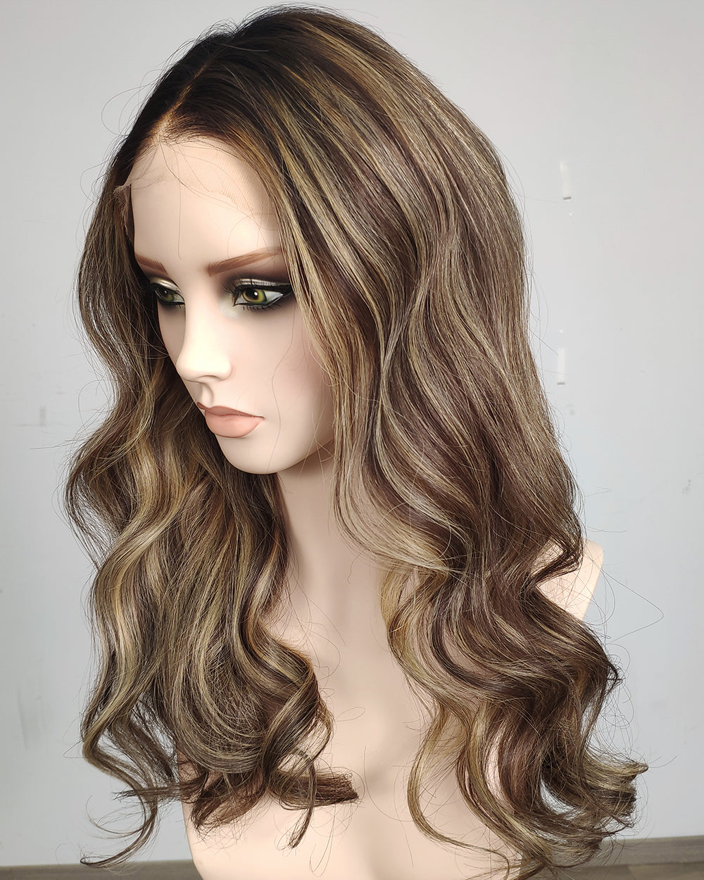 Ausverkauf | 22 Zoll Aschblond Lang Gewellt Echthaar Swiss Lace Closure Perücke - RT-2189
