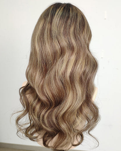 Ausverkauf | 22 Zoll Aschblond Lang Gewellt Echthaar Swiss Lace Closure Perücke - RT-2189