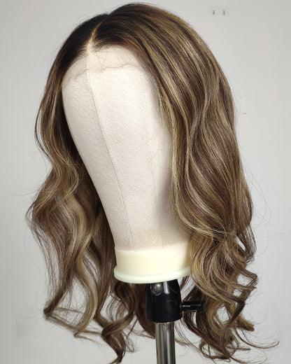 Ausverkauf | 22 Zoll Aschblond Lang Gewellt Echthaar Swiss Lace Closure Perücke - RT-2189