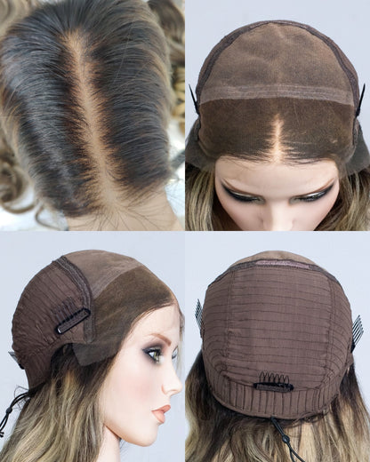 Ausverkauf | 22 Zoll Aschblond Lang Gewellt Echthaar Swiss Lace Closure Perücke - RT-2189