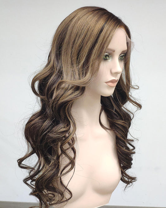 lona | 24" Brown with Caramel Chestnut Highlights Layered Wavy Human Hair Lace Front Wig - WW068