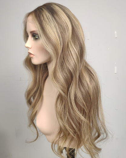 Clearance | 24 Inches Beige Blonde Balayage Wavy Human Hair Lace Closure Wig - RTWY-1953