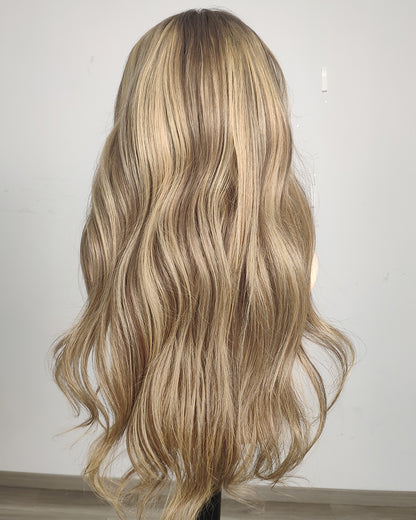 Clearance | 24 Inches Beige Blonde Balayage Wavy Human Hair Lace Closure Wig - RTWY-1953
