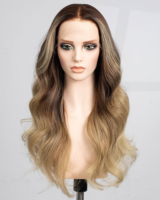 Clearance | 24 Inches Deep Brown with Blonde Balayage Wavy Human Hair Swiss Lace Front Wig - RTWY-1982