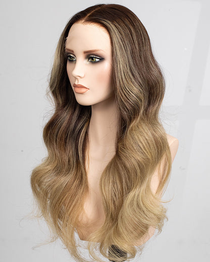 Ausverkauf | 22 Zoll Aschblond Lang Gewellt Echthaar Swiss Lace Closure Perücke - RT-2189