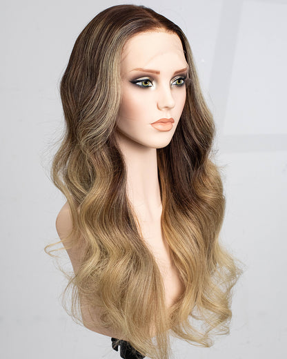 Ausverkauf | 22 Zoll Aschblond Lang Gewellt Echthaar Swiss Lace Closure Perücke - RT-2189