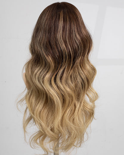 Ausverkauf | 22 Zoll Aschblond Lang Gewellt Echthaar Swiss Lace Closure Perücke - RT-2189