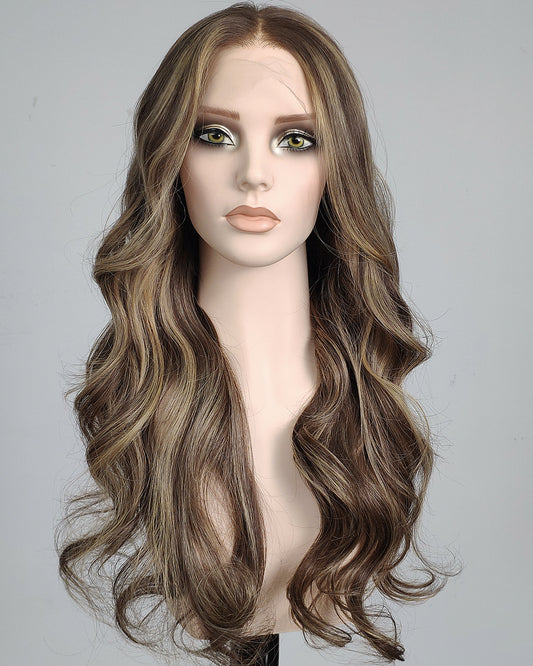 Clearance | 24 Inches Mushroom Brown with Beige Blonde Highlights Human Hair Swiss Lace Front Wig - RTW-754