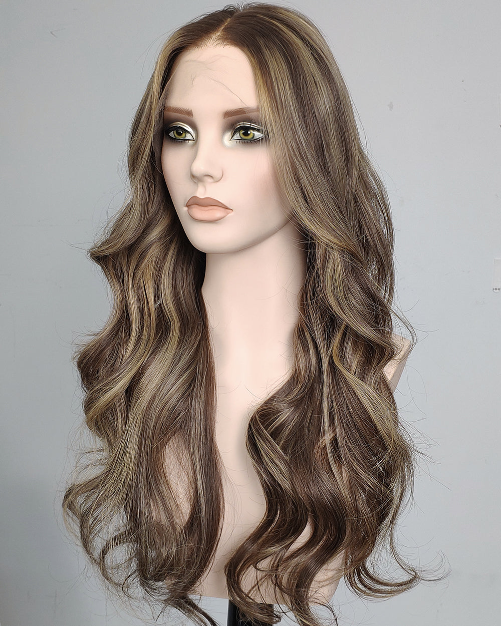 Clearance | 24 Inches Mushroom Brown with Beige Blonde Highlights Human Hair Swiss Lace Front Wig - RTW-754