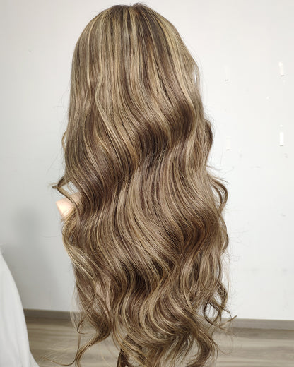 Clearance | 24 Inches Mushroom Brown with Beige Blonde Highlights Human Hair Swiss Lace Front Wig - RTW-754