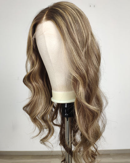 Clearance | 24 Inches Mushroom Brown with Beige Blonde Highlights Human Hair Swiss Lace Front Wig - RTW-754