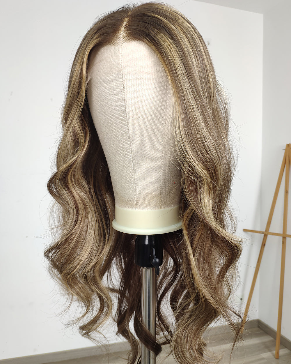 Clearance | 24 Inches Mushroom Brown with Beige Blonde Highlights Human Hair Swiss Lace Front Wig - RTW-754