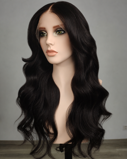 Clearance | 24 Inches Natural Black Wavy Human Hair Swiss Lace Front Wig - RTWY-1962