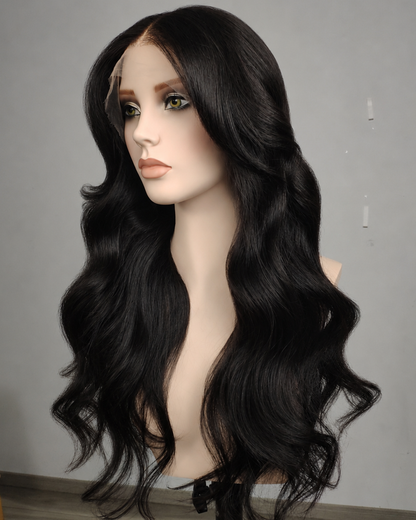 Clearance | 24 Inches Natural Black Wavy Human Hair Swiss Lace Front Wig - RTWY-1962