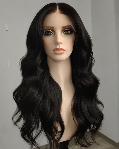 Clearance | 24 Inches Natural Black Wavy Human Hair Swiss Lace Front Wig - RTWY-1962