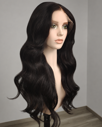 Clearance | 24 Inches Natural Black Wavy Human Hair Swiss Lace Front Wig - RTWY-1962